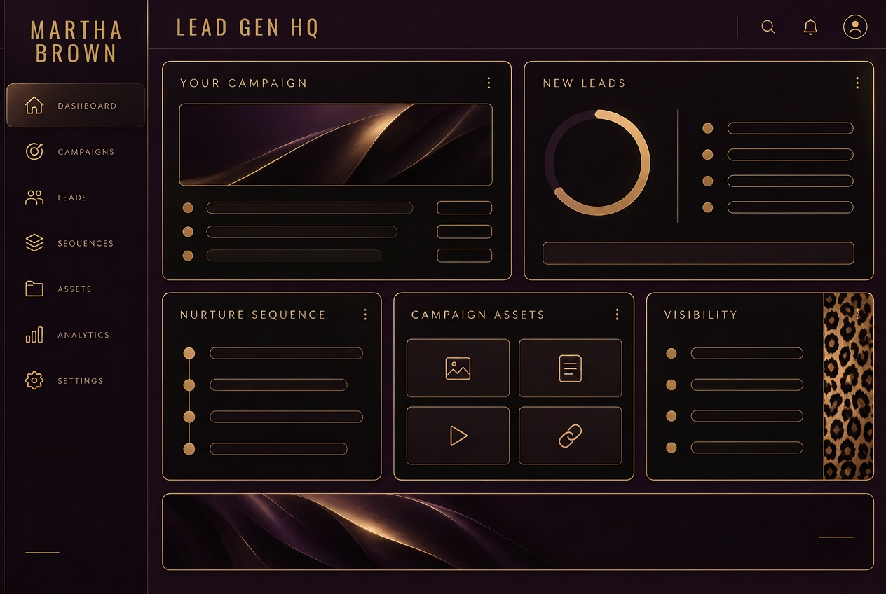 Preview of a private Lead Gen HQ dashboard with campaign, leads, nurture sequence, campaign assets and visibility sections